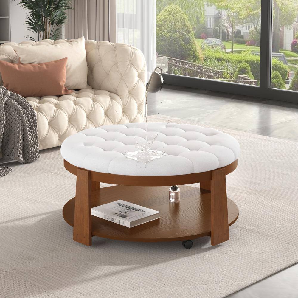 36 in. Ivory White Round Wood Ottoman Coffee Table with Wood Shelf Storage 