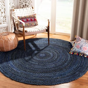 Braided Navy/Black 10 ft. x 10 ft. Round Solid Color Striped Area Rug