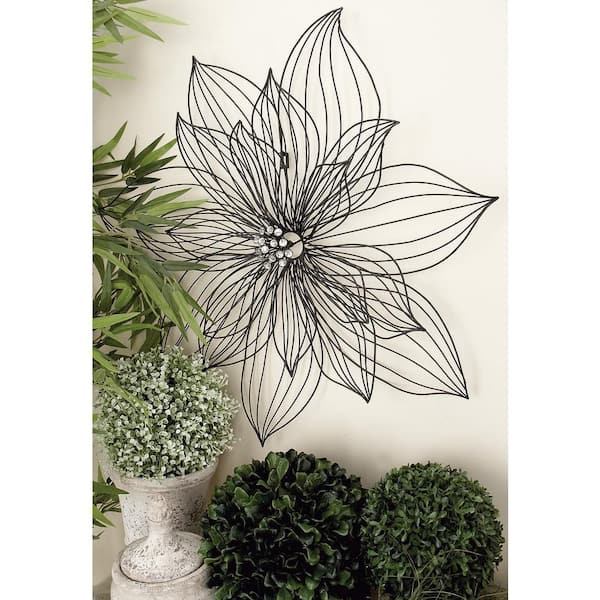 Litton Lane 26 in. x  26 in. Metal Black 3D Wire Floral Wall Decor with Crystal Embellishments