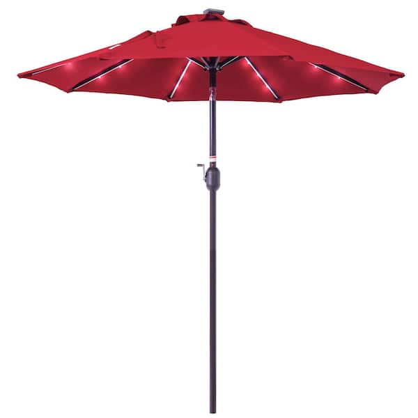 Unbranded 7 ft. Bronze Aluminum Pole Market Solar-Powered 24 LED Lighted Push Button Tilt Patio Umbrella in Red