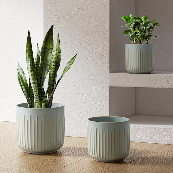 ITOPFOX Modern 8.3 in. L x 8.3 in. W x 7.5 in. H Glaze Blue Gray Ceramic Round Indoor Planter (3-Pack)