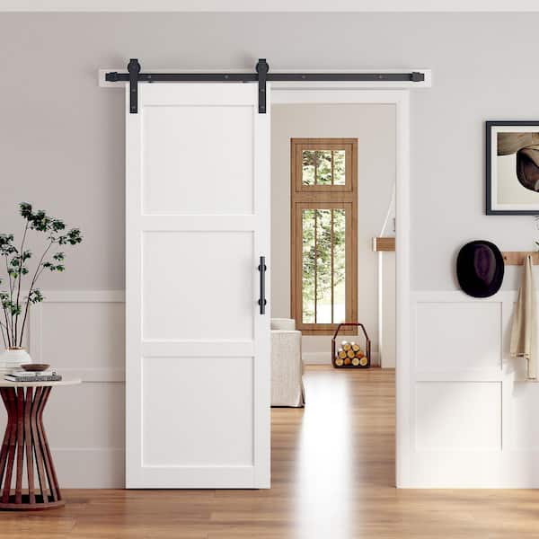 32 in. x 84 in. 3-Panel White Finished Solid MDF Core Interior Sliding Barn Door with Hardware Kit