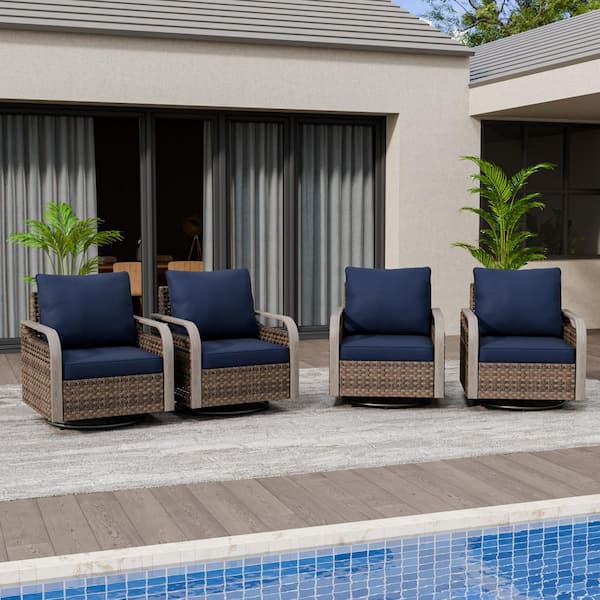 Outdoor Patio Swivel Brown Wicker Outdoor Rocking Chair with Blue Cushion (4-Pack)
