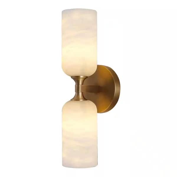 PUYRNF 14 in. 2-Light Dimmable LED Brass Wall Sconce with Alabaster Shade, Wall Light for Bathroom, Living Room,Foyer (1 Piece)