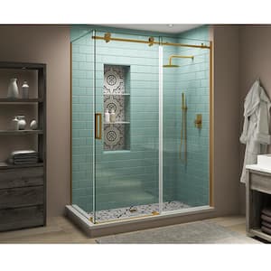 Coraline XL 44 in. - 48 in. x 30 in. x 80 in. Frameless Corner Sliding Shower Enclosure Clear Glass in Brushed Gold Left