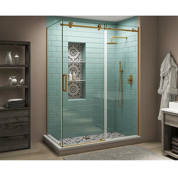 Aston Coraline XL 56 in. - 60 in. x 30 in. x 80 in. Frameless Corner Sliding Shower Enclosure Clear Glass in Brushed Gold Left