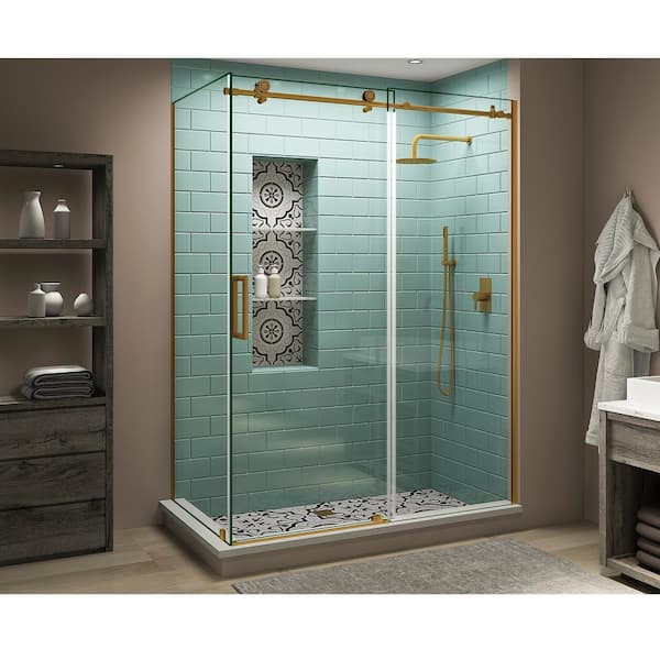 Aston Coraline XL 56 in. - 60 in. x 32 in. x 80 in. Frameless Corner Sliding Shower Enclosure Clear Glass in Brushed Gold Left