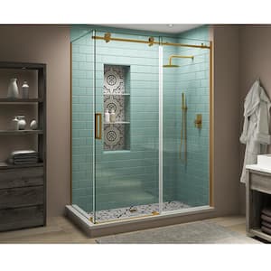 Coraline XL 64 in. - 68 in. x 36 in. x 80 in. Frameless Corner Sliding Shower Enclosure Clear Glass in Brushed Gold Left