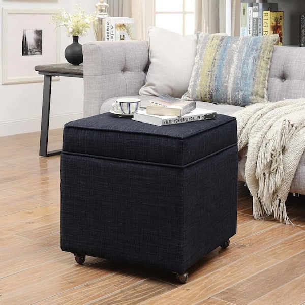HomeRoots Black 100% Linen Square Storage Ottoman 20L x 20W x 19H Ottoman