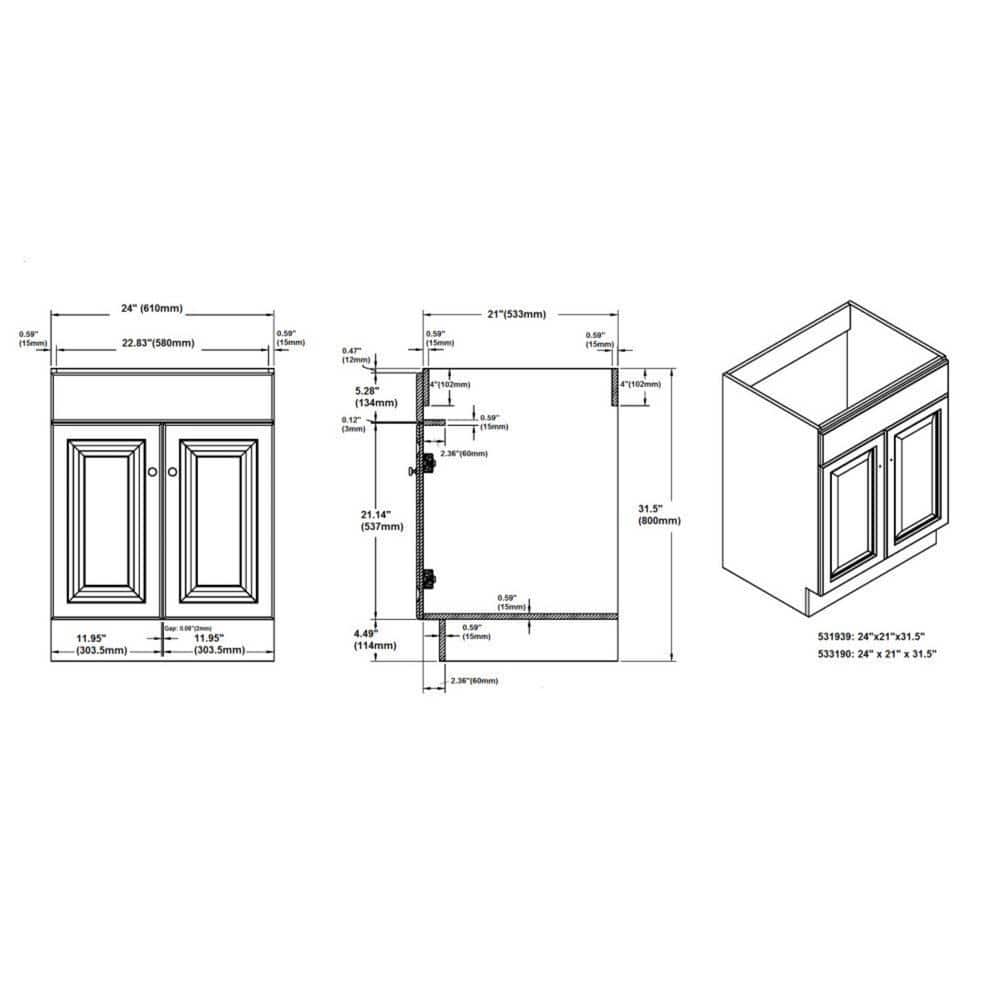 Wyndham 24" White MDF Freestanding Bathroom Vanity Cabinet