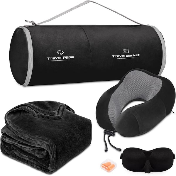 Black Travel Pillow and Blanket Set with Sleep Mask, Memory Foam Neck Pillow, Travel Essentials for Airplane and Car
