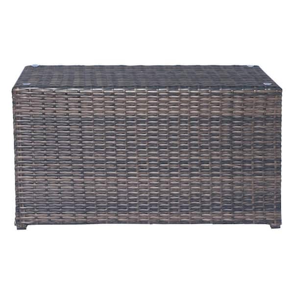 Zeus & Ruta 33 in. W x 22 in. D x 18 in. H Brown Rattan Wicker Outdoor Coffee Table with Clear Glass Top for Backyard Porch Indoor