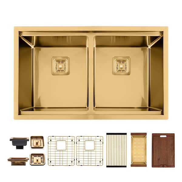 32 in. Undermount Double Bowl 16-Gauge Gold Stainless Steel Workstation Kitchen Sink with Accessories