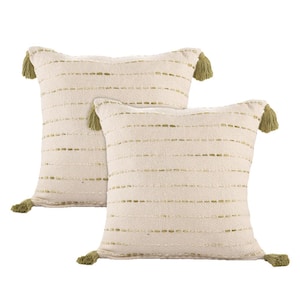 Tara Olive Green/Ivory Striped Cotton Blend 20 in. x 20 in. Throw Pillow (Set of 2)