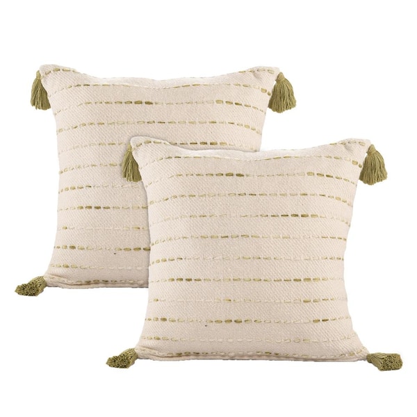 LR Home Tara Olive Green/Ivory Striped Cotton Blend 20 in. x 20 in. Indoor Throw Pillow (Set of 2)