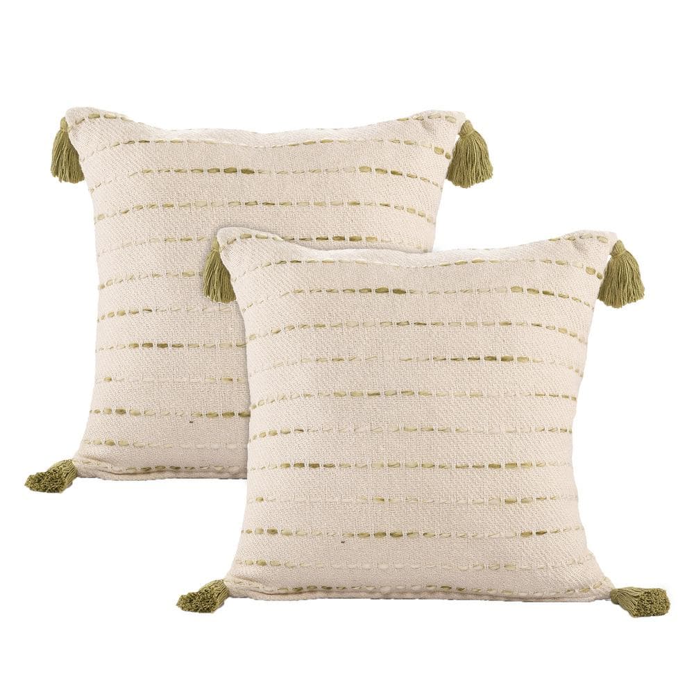 Tara Olive Green/Ivory Striped Cotton Blend 20 in. x 20 in. Indoor Throw Pi