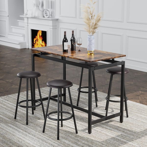 Unbranded 5-Piece Brown Wood Armless Middle Outdoor Dining Sectional Chair, Bar Height Table And four Stools