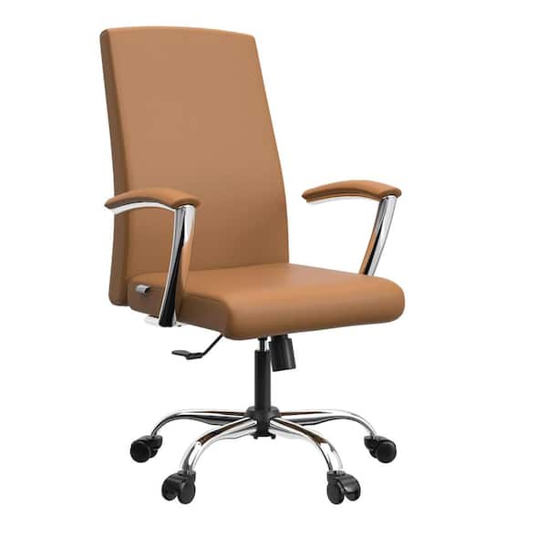 Leisuremod Evander Modern Swivel Office Chair in Faux Leather with Adjustable Height and Silver Frame, Acorn Brown