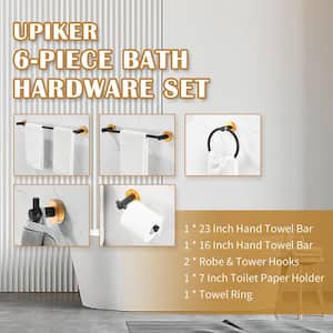 6-Piece Bath Hardware Set with Towel Ring Toilet Paper Holder and Towel Hook and Towel Bar in Golden Black
