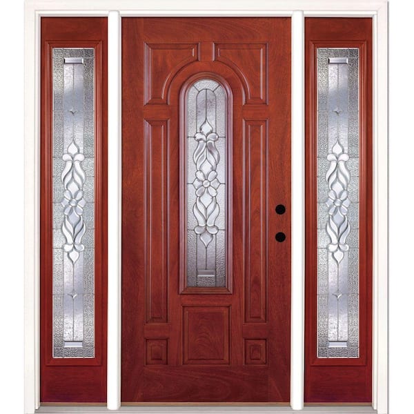 Feather River Doors 63.5 in.x81.625in.Lakewood Zinc Center Arch Lt Stained Cherry Mahogany Lt-Hd Fiberglass Prehung Front Door w/Sidelites