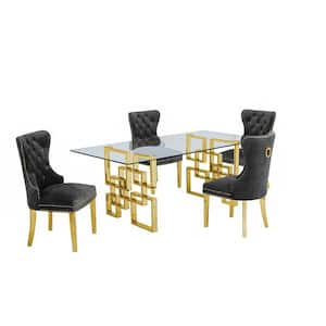 Dominga 5-Piece Glass Top with Stainless Steel and Set with 4-Dark Gray Velvet Chairs