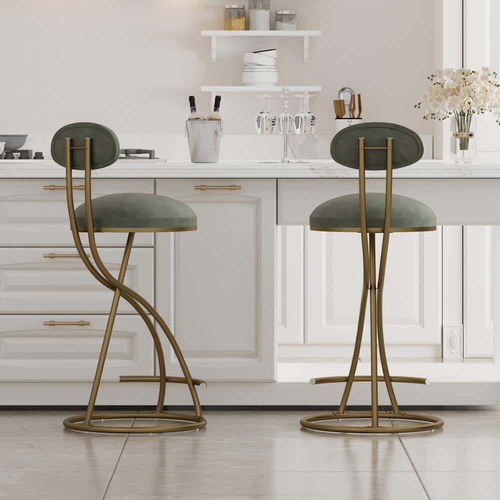 37 in. Green Metal Counter Height Bar Stools with PU Leather Seat Modern Up