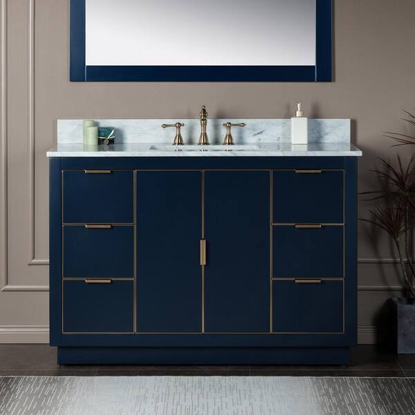 WOODBRIDGE Venice 49 in.W x 22 in.D x 38 in.H Bath Vanity in Navy Blue with Marble Vanity Top in White with White Sink
