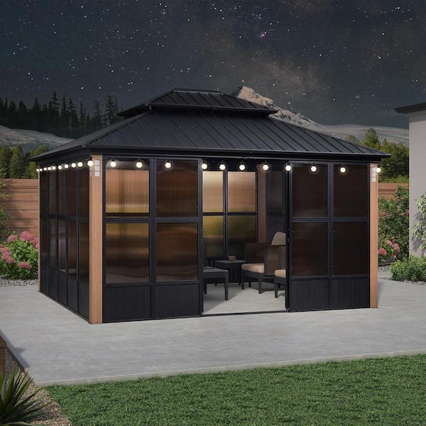 12ft. x 14ft. Patio Hardtop Gazebo Double Top Mesh Screen House Aluminum Solarium Wood Grain Columns Sunroom, 24-Lights