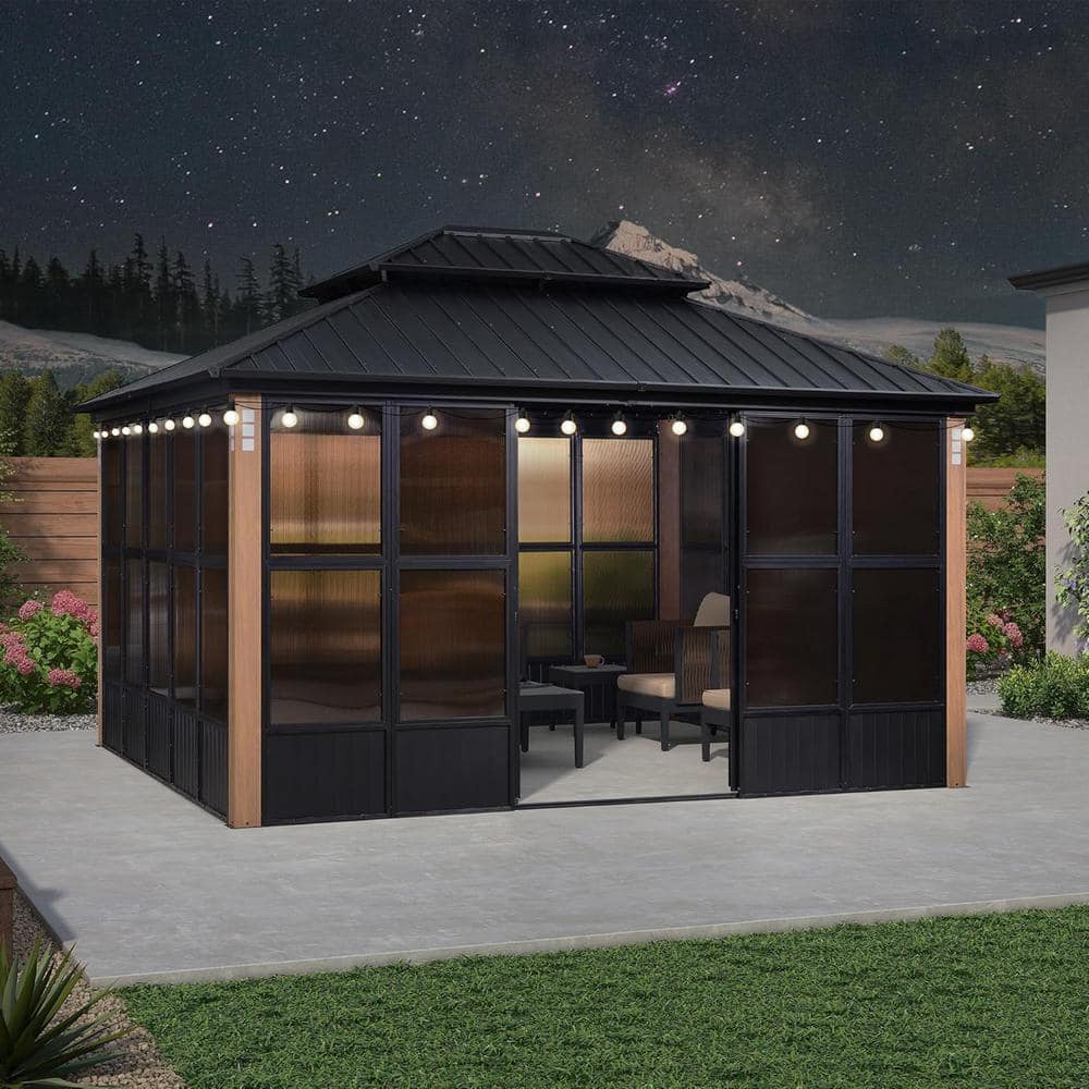 PURPLE LEAF 12ft. x 14ft. Patio Hardtop Gazebo Double Top PC Mesh