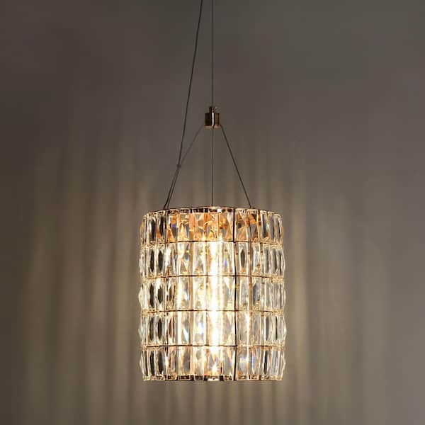 Modern 1-Light Plated Rose Gold Integrated LED Chandelier with Glam Drum Crystal Shade for Foyer