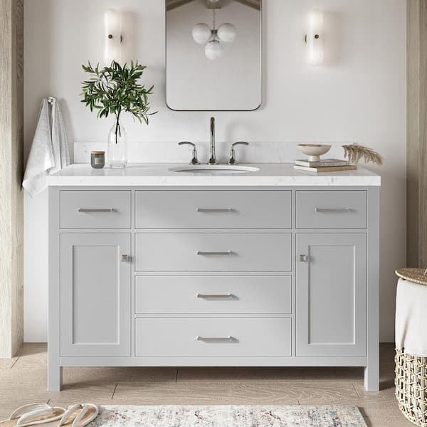 ARIEL Bristol 54.25 in. W x 22 in. D x 36 in. H Single Sink Freestanding Bath Vanity in Grey with Carrara White Quartz Top
