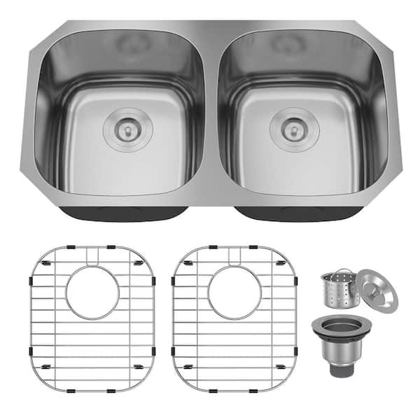 Dimakai 32.125 in. Undermount Double Bowl 18-Gauge Brushed Stainless Steel Kitchen Sink with Bottom Grids and Strainer Basket