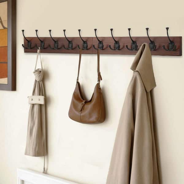 34 in. Brown Wall Mounted Coat Rack with 10 Decorative Tri-Hooks, Coat Hanger, Rustic Coat Hooks Rail for Entryway