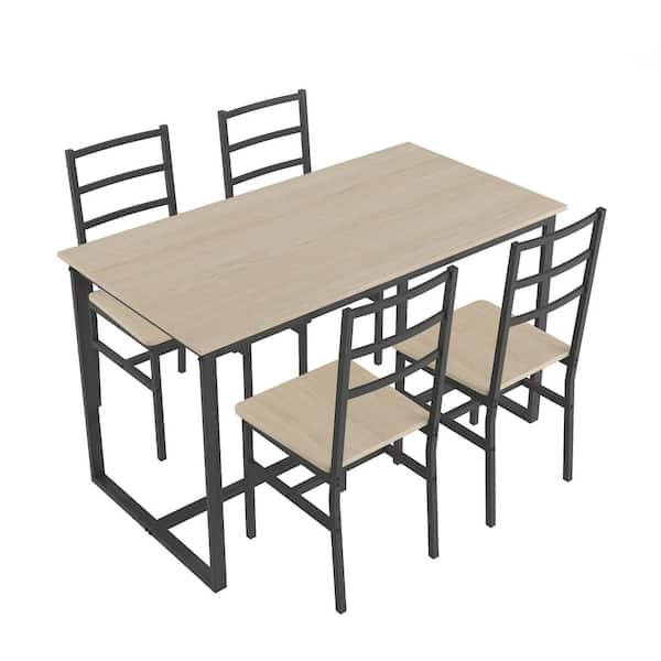 SUNRINX Beige 29.5 in.H Dining Set with Wood Metal Table and 4 Chairs (5 Piece)