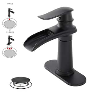 Waterfall Single Hole Single Handle Bathroom Vanity Sink Faucet Farmhouse With Pop up Drain Assembly in Matte Black