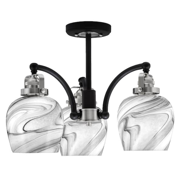 Unbranded Decatur 16.5 in. 3 Light Black and Nickel Semi-Flush with 6 in. Onyx Swirl Glass Shades No blulbs included