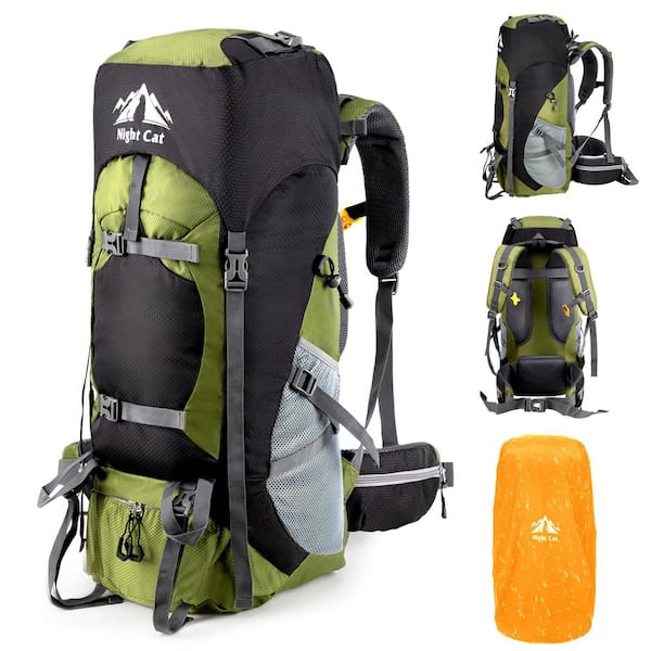 Wildaven 70 L Waterproof Camping Backpack with Rain Cover, Lightweight Outdoor Mountaineering Travel, No Internal Frame, Green