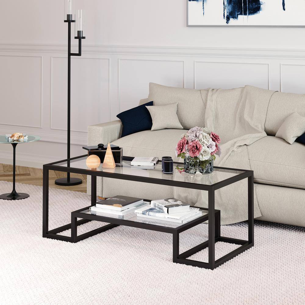 Blackened Bronze Rectangular Glass Coffee Table with Lower Shelf