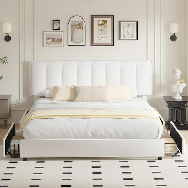 VECELO Upholstered Bed, White Metal Frame King Platform Bed with 4-Storage Drawers and Adjustable Headboard Bed Frame