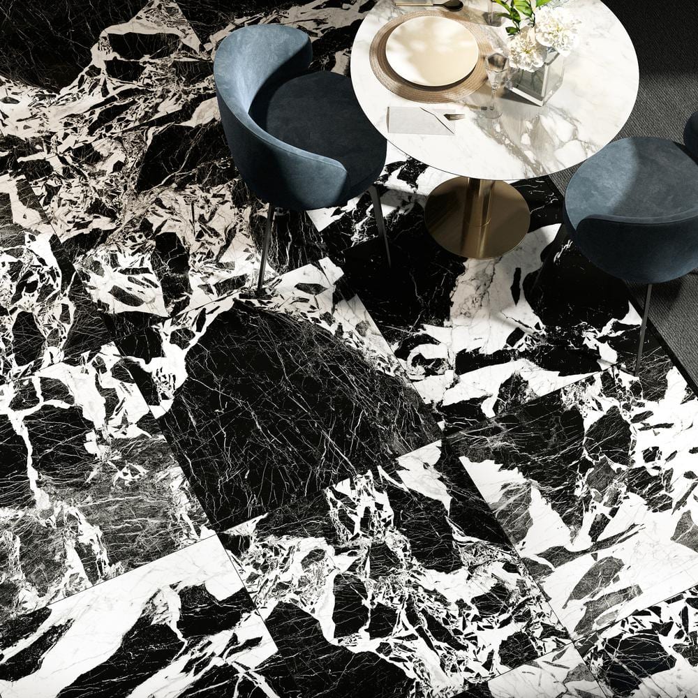 Kasama 30" x 30" Matte Black and White Porcelain Marble Look Tile