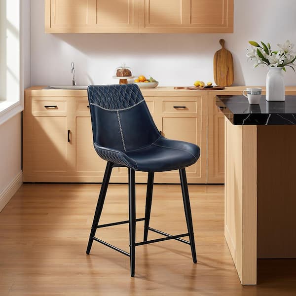 Linon Home Decor Owen 24.5 in. Blue High Back Wood and Metal Counter Stool with Faux Leather Seat