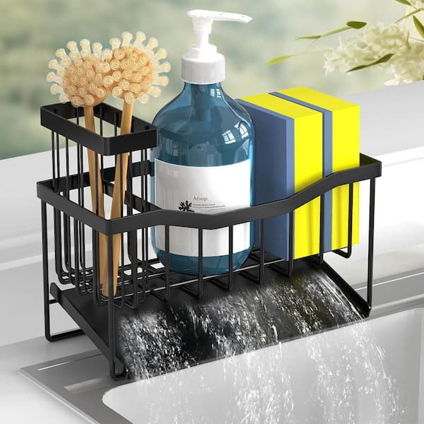 Sink Caddy Sponge Holder with Brush Holder and Stainless Steel Self Drain Tray Rustproof Kitchen Organizer Black