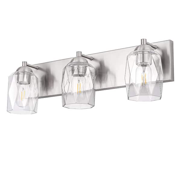 22 in. 3-Light Nickel Cylinder Clear Glass Vanity Light with Dimmable No Bulbs Included
