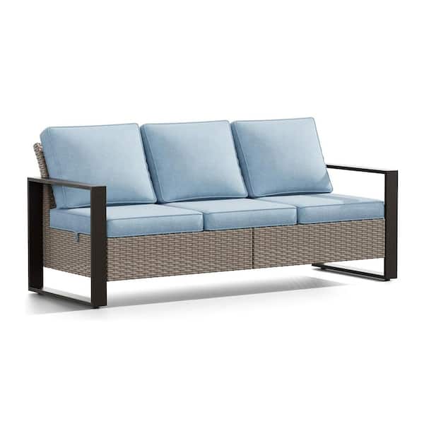 MEOOEM Wicker Outdoor Sectional Couch Sofa, Patio 3-Seater with Sky Blue Olefin Cushions, Metal Frame with Wood-Like Grain Arms