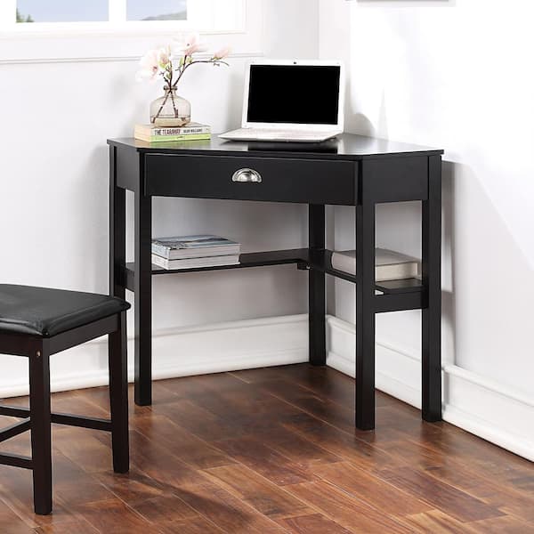 Corner Desk Classic Black Solid Wood, Small Corner Desk With Drawers And Shelves