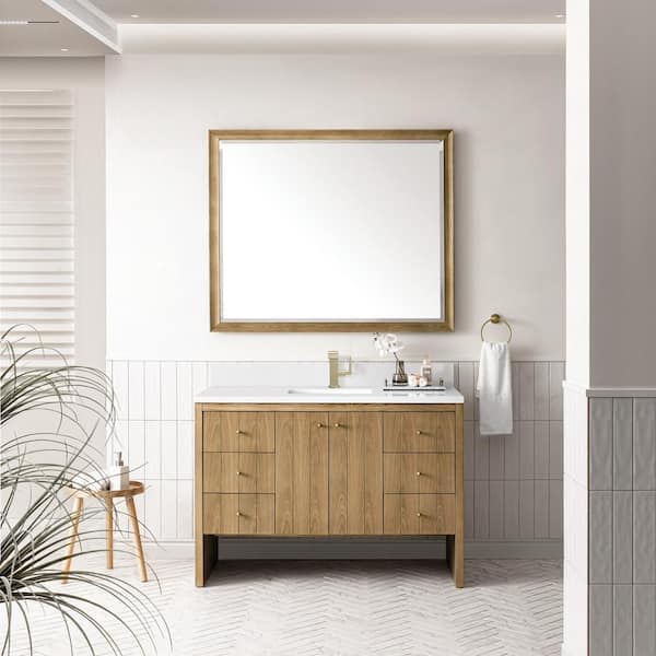 James Martin Vanities Hudson 48.0 in. W x 23.5 in. D x 34.2 in. H Bathroom Vanity in Light Natural Oak with White Zeus Silestone Quartz Top