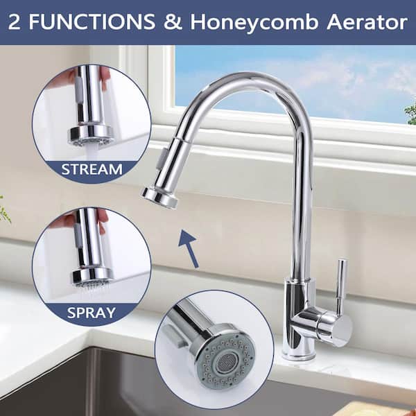 15.67 in Single Handle Stainless Steel 180 ° Spout Swivel Pull Down Sprayer Kitchen Faucet in Chrome