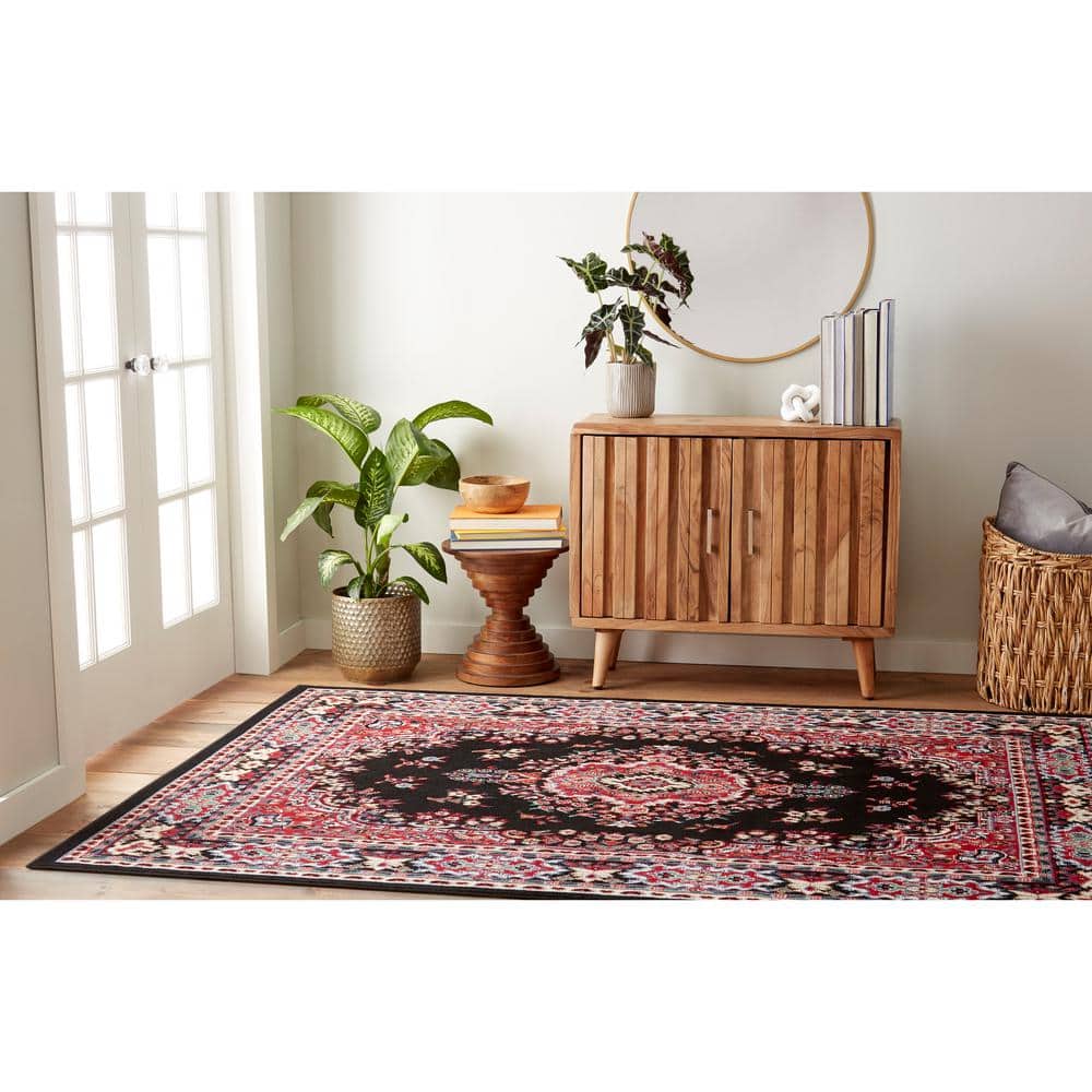 Black and Red Traditional Medallion Area Rug, 9'2" x 12'5"