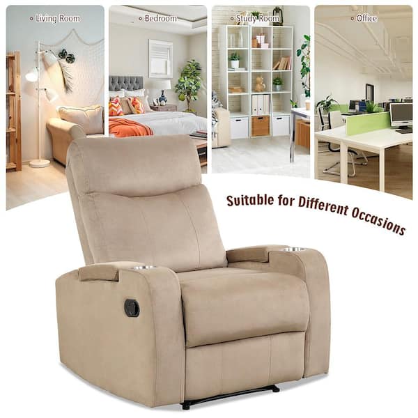 Brown Metal Flannelett Recliner Chair with Arm Storage and Cup Holder