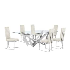 Meryl 7-Piece Rectangular Glass Top Stainless Steel Dining Set 6 Cream Velvet Fabric Chrome Iron Leg Chairs